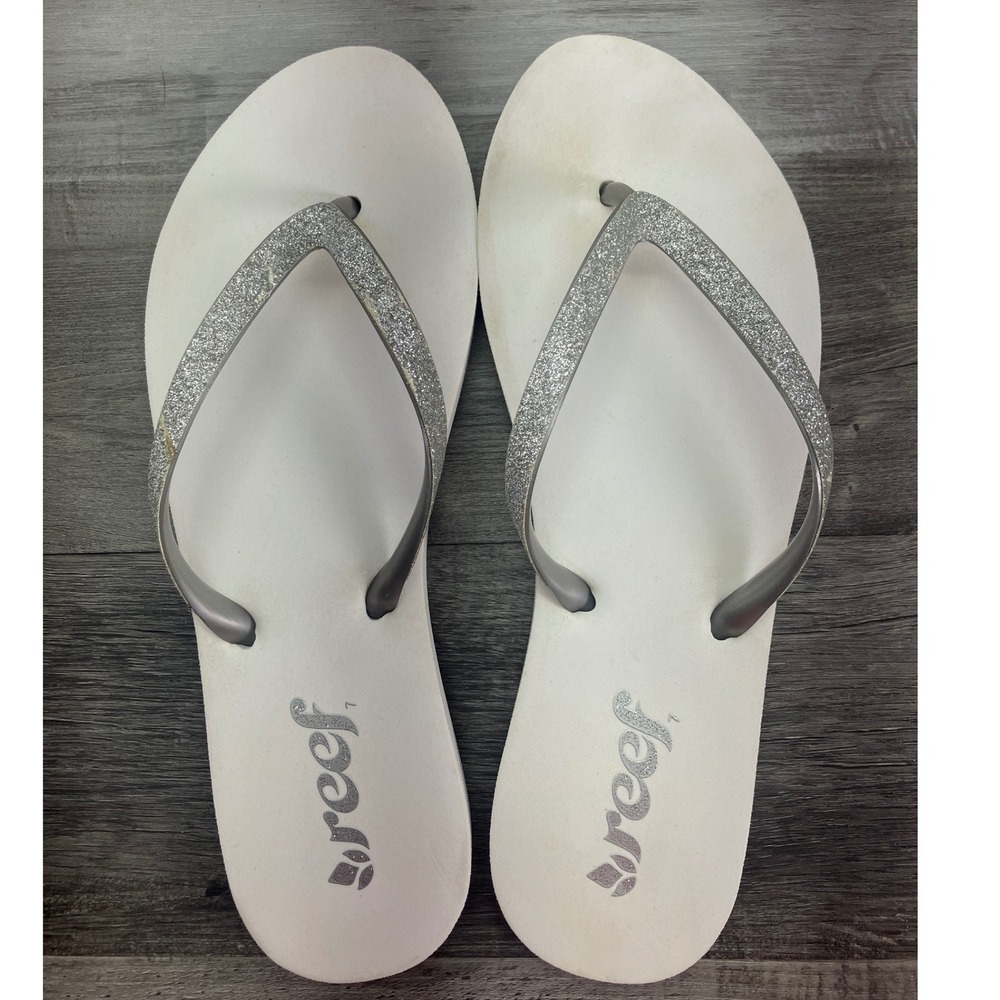 Reef Womens Stargazer Flip Flops White Silver Glitter Thong Sandals Size 6-7